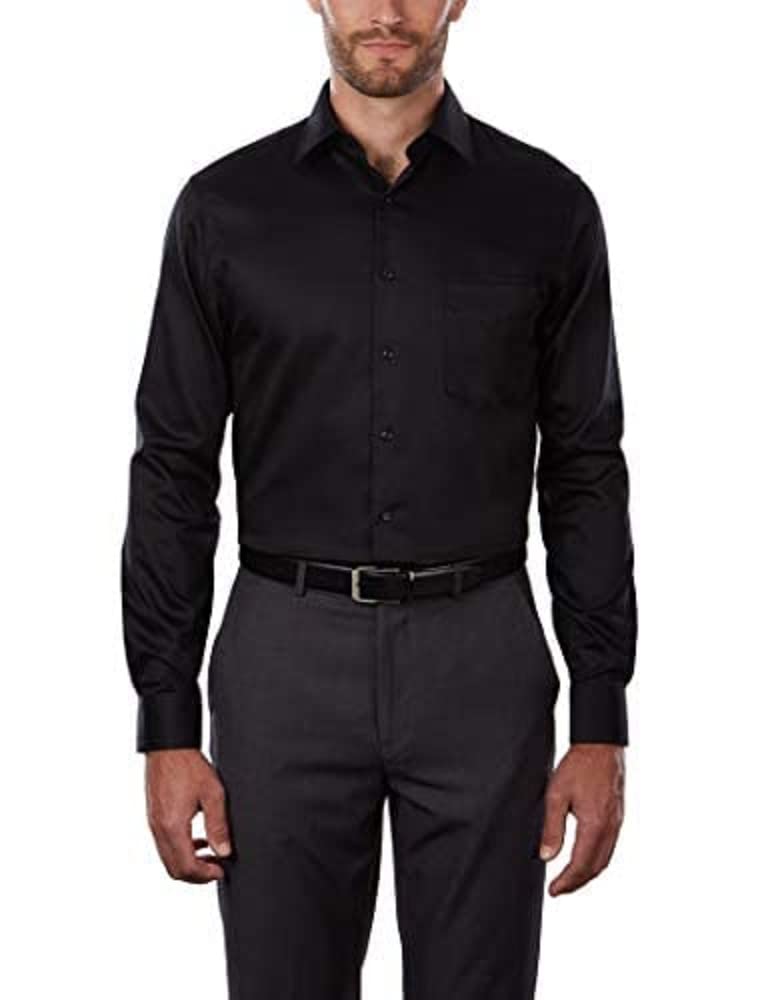 Van Heusen Men's Dress Shirts Regular Fit Lux Sateen Stretch Solid Shirt, Black, 17" Neck 32"-33" Sleeve